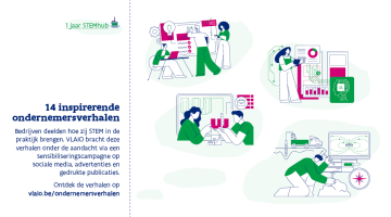 14 inspirerende ondernemersverhalen   Bedrijven deelden hoe zij STEM in de praktijk brengen. VLAIO bracht deze verhalen onder de aandacht via een sensibiliseringscampagne op  sociale media, advertenties en gedrukte publicaties.   Ontdek de verhalen op  vlaio.be/ondernemersverhalen