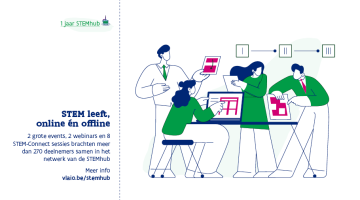 STEM leeft,  online én offline    2 grote events, 2 webinars en 8 STEM-Connect sessies brachten meer dan 270 deelnemers samen in het netwerk van de STEMhub   Meer info vlaio.be/stemhub